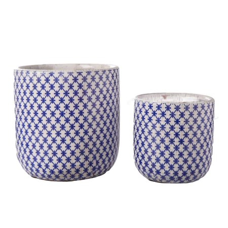 URBAN TRENDS COLLECTION Ceramic Round Pot with Endless Diamond Symmetric Pattern  Crackled Body Blue Set of 2 55720